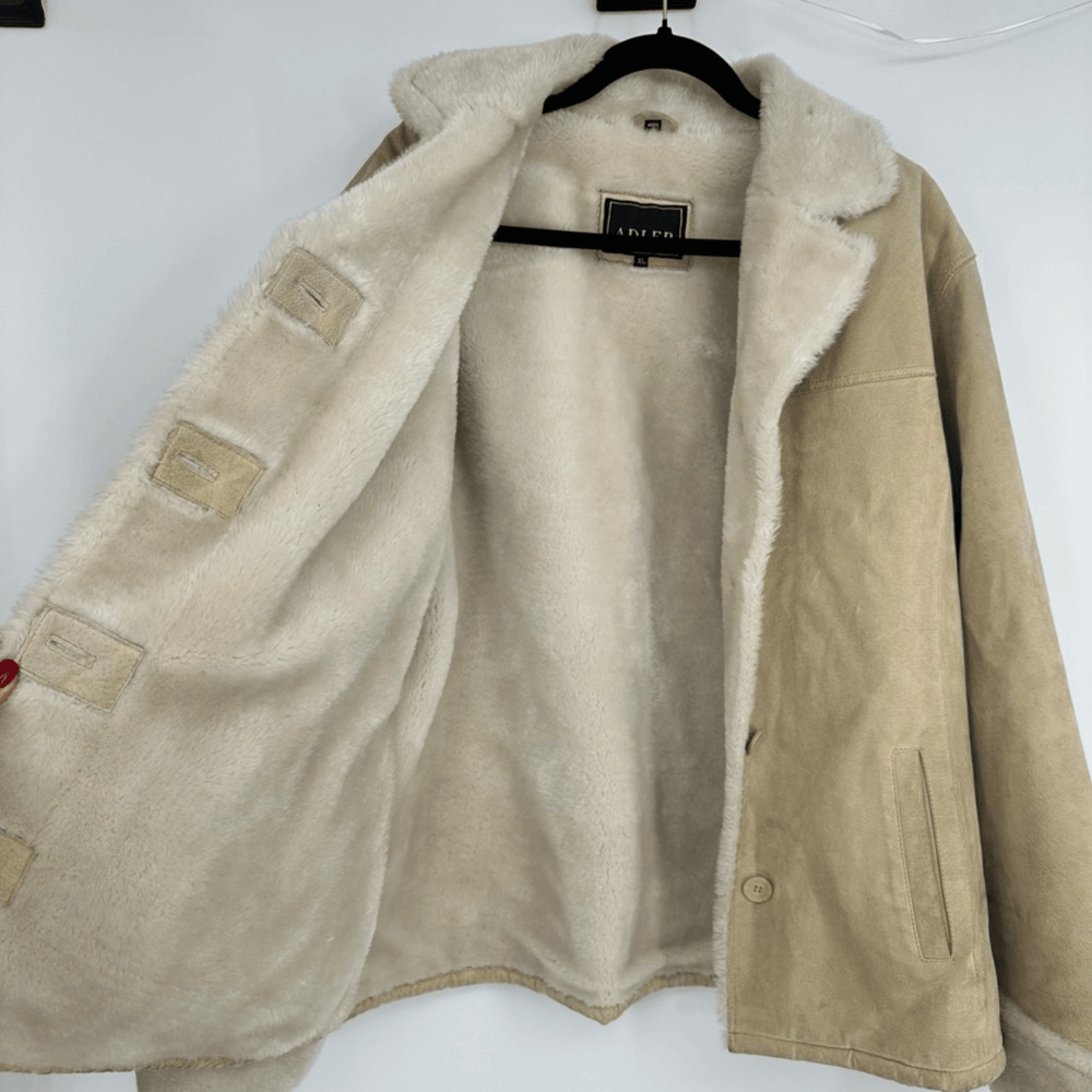 Womens XL Suede Faux Fur Lined Winter Jacket Pockets Cream Boho 70s Style - Picture 9 of 15